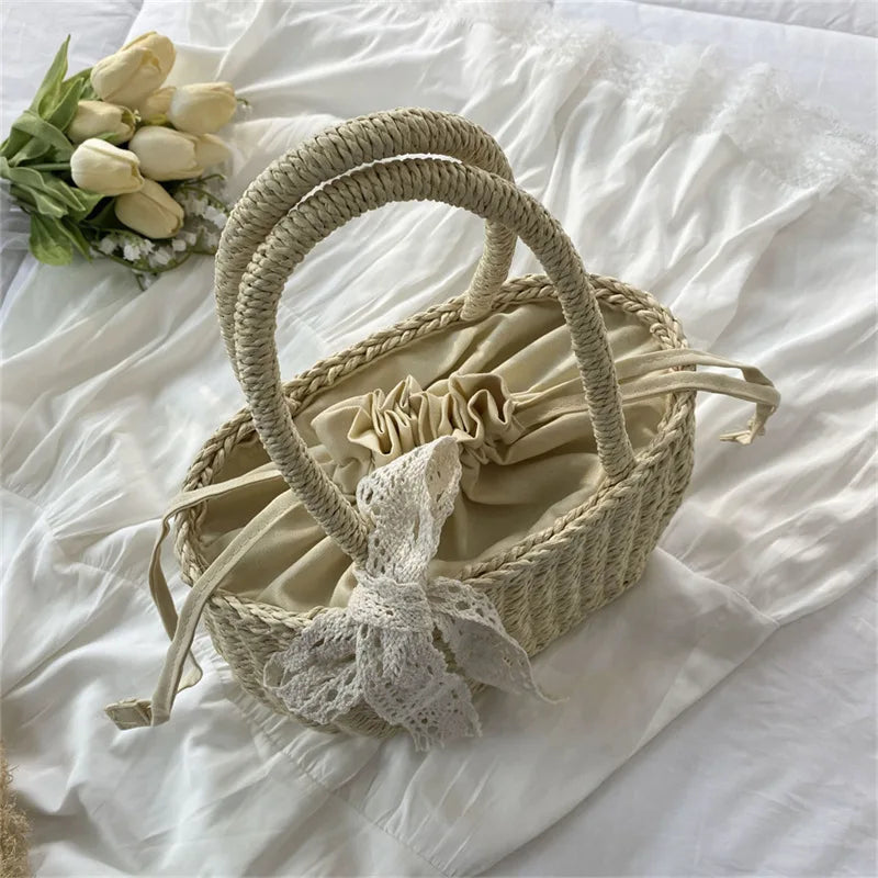 Women Straw Woven Drawstring Handbag Girls Solid Color Holiday Purse Crossbody Beach Bags Summer Rattan Tote