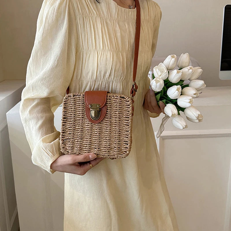Straw Crossbody Bag For Women Bohemian Small Knitting Summer Purse And Handbag Vacational Square Beach Bags