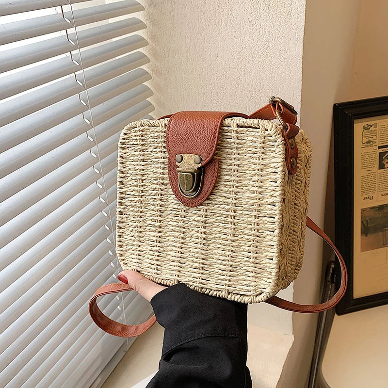 Straw Crossbody Bag For Women Bohemian Small Knitting Summer Purse And Handbag Vacational Square Beach Bags