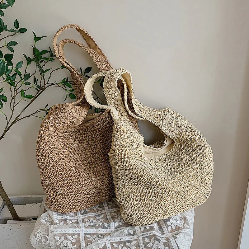 Women Large Capacity Shoulder Bags Handmade Straw Woven Fashion Travel Shopper Totes Ladies Bohemis Designer Casual Handbags