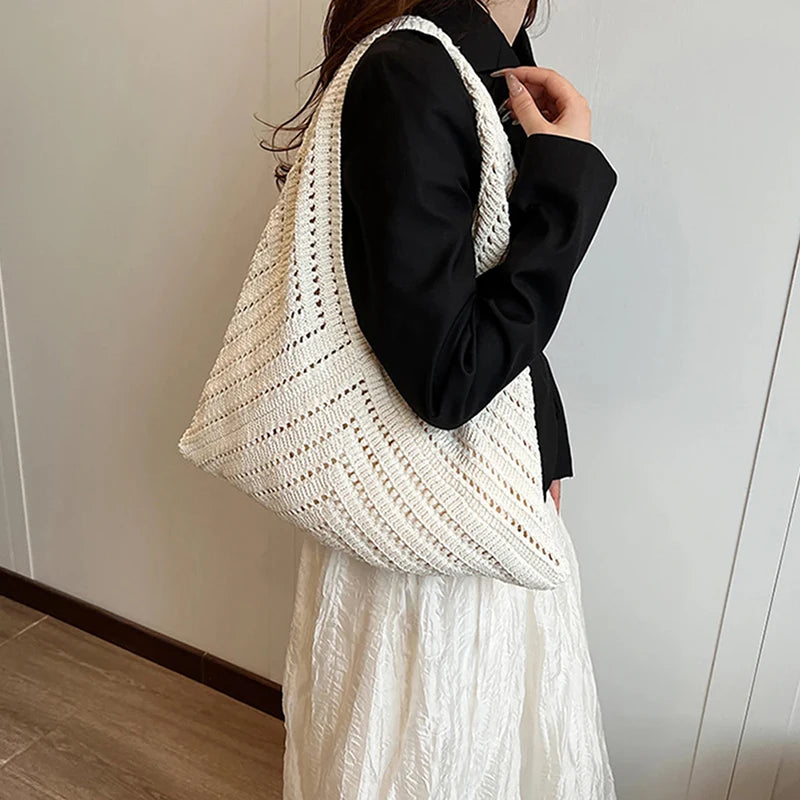 Brand Women Tote Knitting Handbag Triangle Design Woven Beach Bag Lightweight Elegant Portable Shoulder Bag Purse