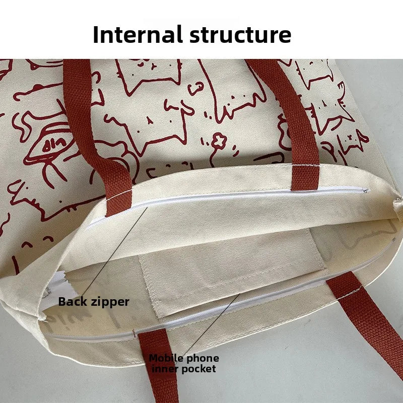 Art Design Cute Animals Printed Handbag Shoulder Bag, Literary Retro Canvas Tote Bags for Women Daily Use Work, Shopping School