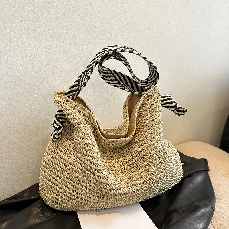 Big Capacity Straw Beach Bag Vintage Handmade Woven Shoulder Bag Raffia Rattan Handbag Bohemian Summer Vacation Crossbody Bags