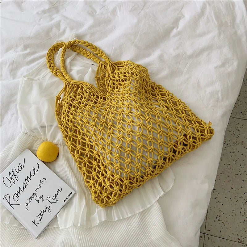 Hand-Woven Bag Women Handmade Hollow Handbag Female Shoulder Bag Big Capacity Summer Casual Travel Beach Tote Purse