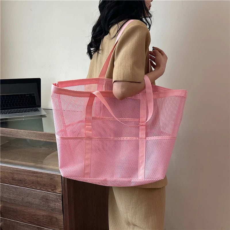 Portable Mesh Beach Bag For Women Makeup Travel Storage Wash Bag Summer Travel Swimming Bath Bag Organizer Shopper Totes