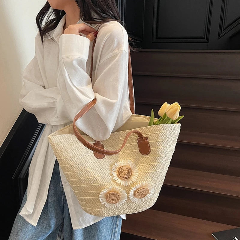 Woven Women Handbag Large Capactity Basket Summer Beach Bag Shopper Tote Ladies Travel Shoulder Underarm Bags