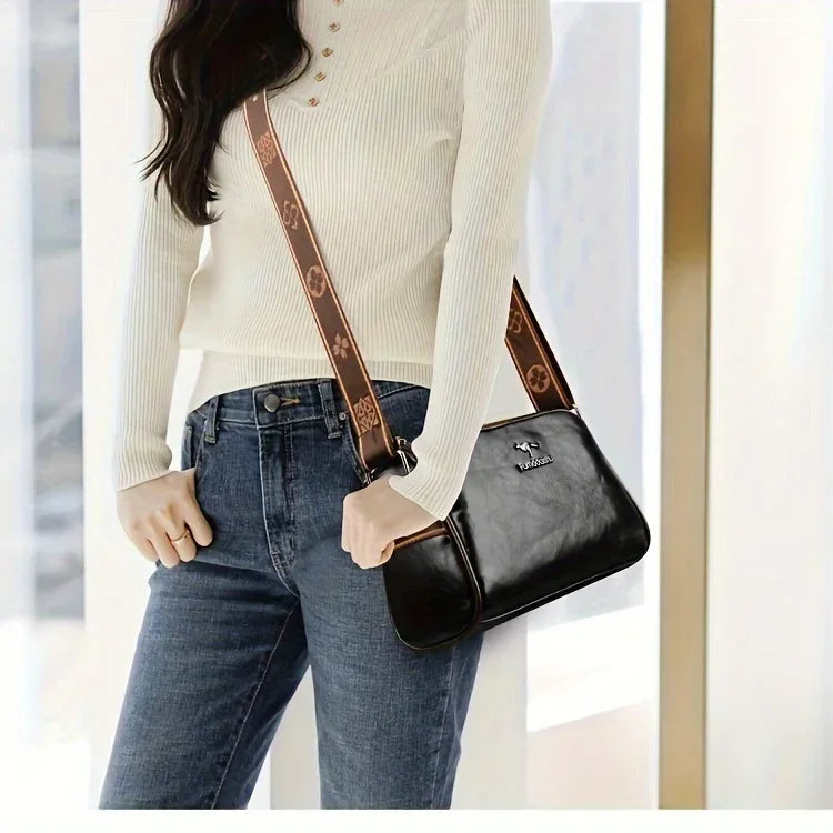Retro Double Sided Leather Women's Crossbody Bag Water-Resistant Pillow Shaped Shoulder Bag with Adjustable Strap Zipper Closure