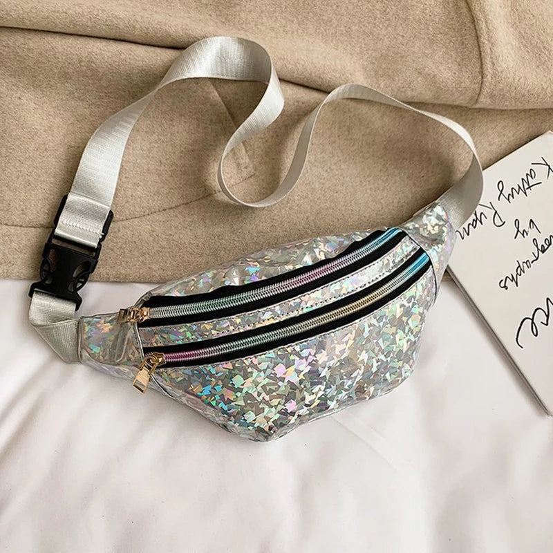 Holographic Fanny Pack Hologram Waist Bag Laser PU Leather Travel Banana Hip Bum Zip Waist Bags Women Shoulder Bag for Girls