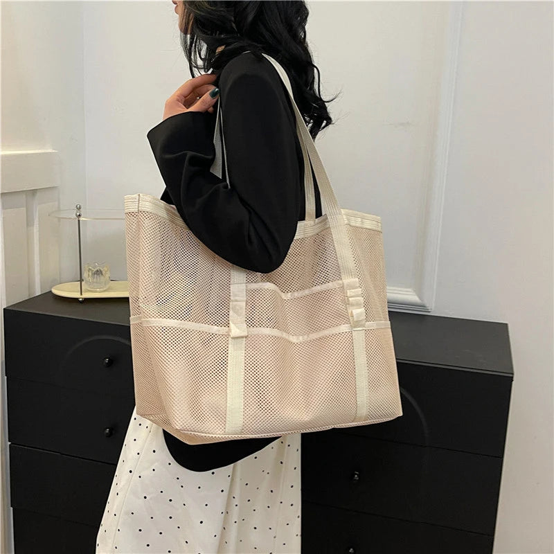 Portable Mesh Beach Bag For Women Makeup Travel Storage Wash Bag Summer Travel Swimming Bath Bag Organizer Shopper Totes