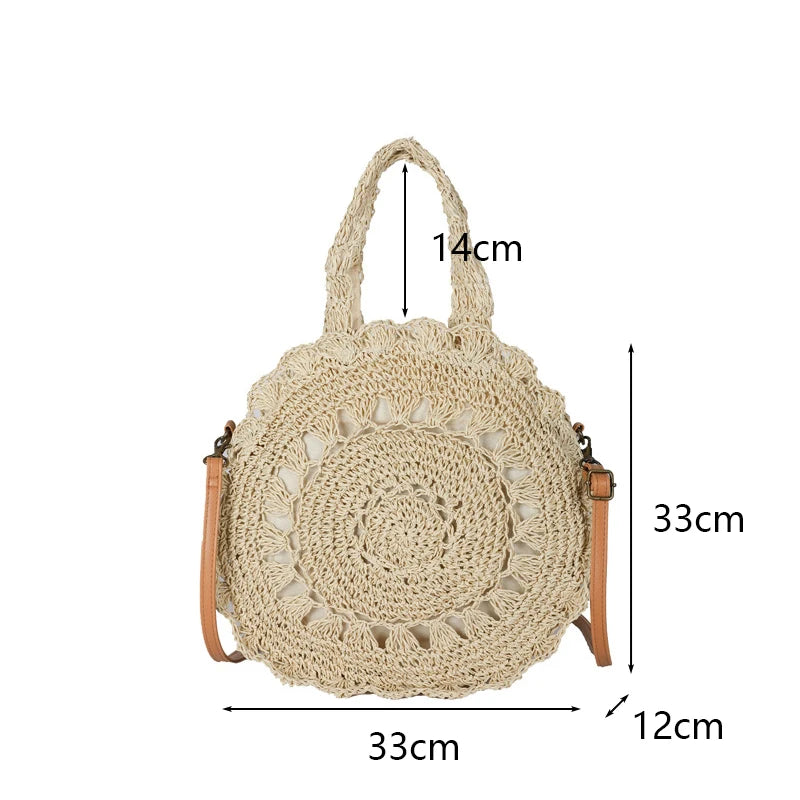 Bohemian Straw Bags for Women Circle Beach Handbags Summer Rattan Shoulder Bags Handmade Knitted Travel Big Totes Bag New