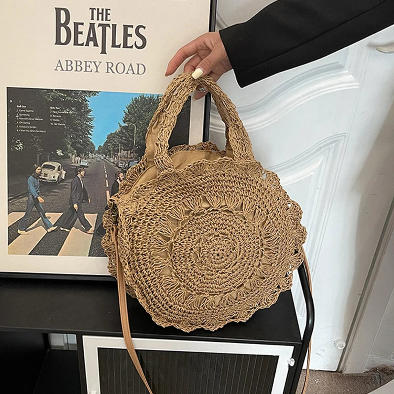 Summer Round Straw Bag Women Woven Rattan Beach Bag Hot New Shoulder Bag Circle Hollow Out Handle Bag Casual Shopper Tote Pouch