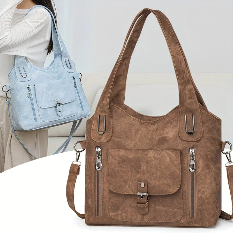 Soft Synthetic Leather Retro Women's Shoulder Tote Bag, Multiple Pockets for Daily Use or Work, Versatile Carry Bag