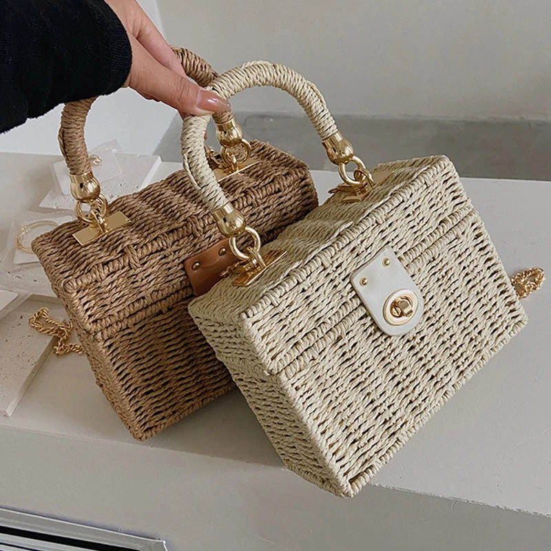 Summer Box Small Purse and Handbags For Women Rattan Straw Woven Crossbody Shoulder Bags Female Fashion Chain Travel Beach Bags