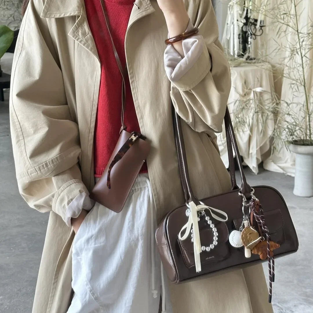 Black Brown PU Leather Tote Bag with Double Pouch Large Capacity Single Shoulder Armpit Bag Vintage Handbag Women for Daily Use
