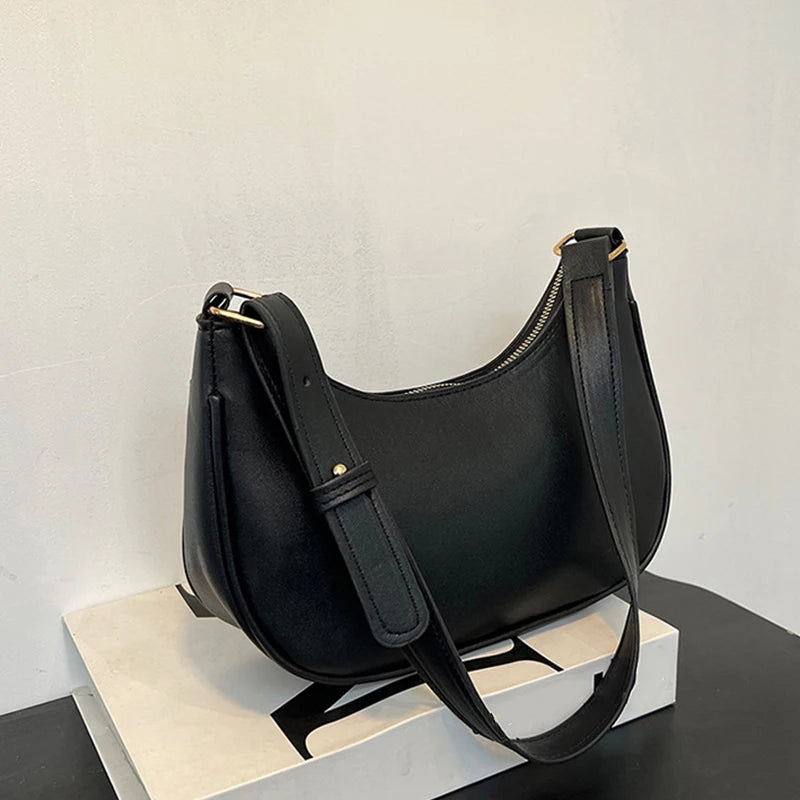 Womens Fashion Handbags Retro Solid Color Pu Leather Bag Half Simple Color Underarm Shoulder Bag Moon Casual Purse