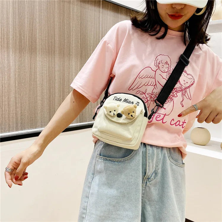Cartoon Mini Canvas Bag Cute Small Crossbody Bags for Woman Phone Tissue Coin Purse Pocket, Student Shoulder Bag with Pin Bear