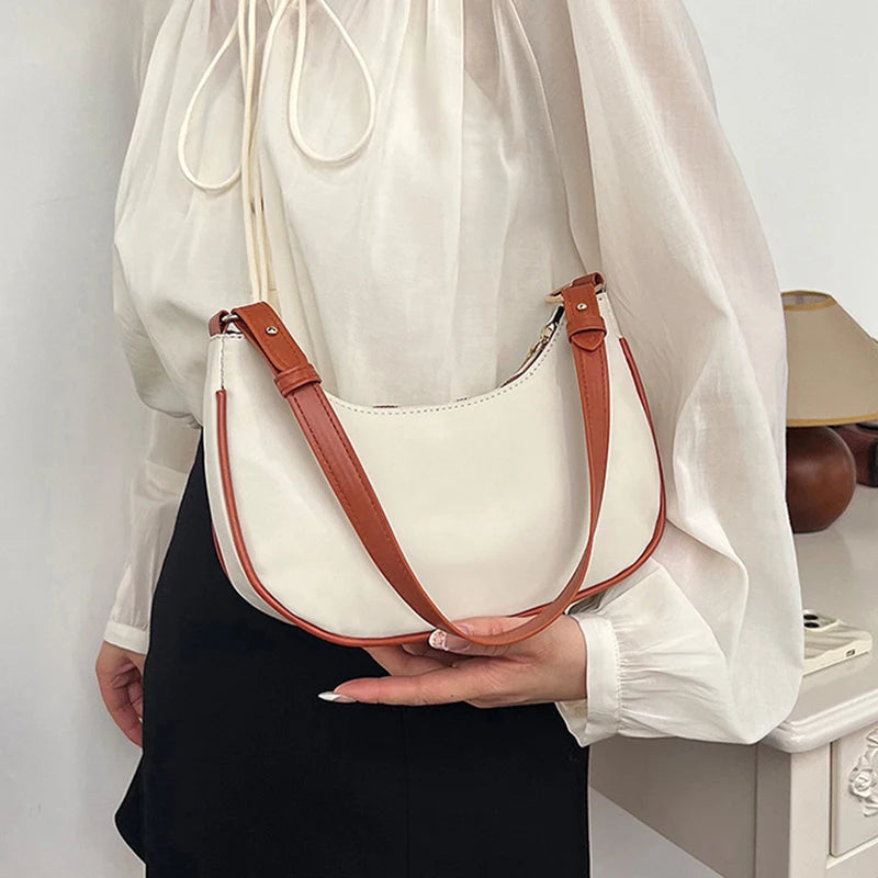 Womens Fashion Handbags Retro Solid Color Pu Leather Bag Half Simple Color Underarm Shoulder Bag Moon Casual Purse