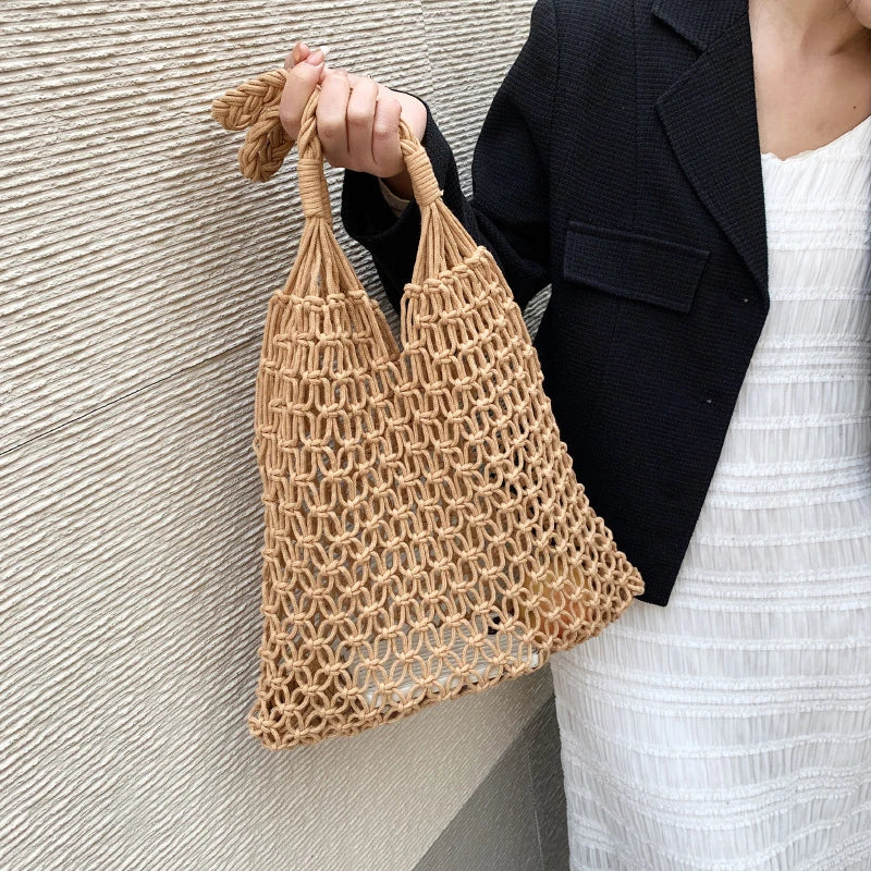 Women Bag Bucket Cotton Beach Bag Bag Casual Hollow Out Solid Soft High-Capacity Shoulder Bag Travel Handbag