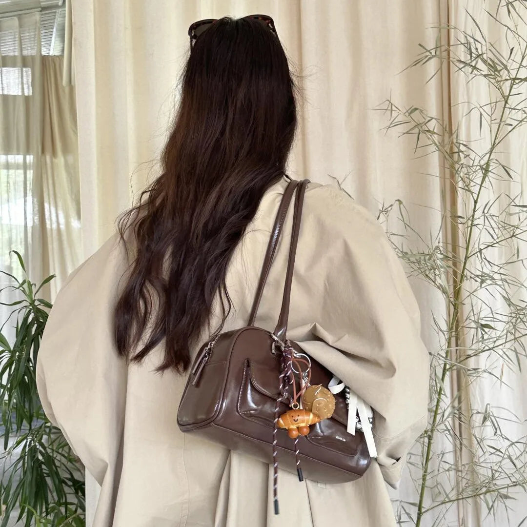 Black Brown PU Leather Tote Bag with Double Pouch Large Capacity Single Shoulder Armpit Bag Vintage Handbag Women for Daily Use