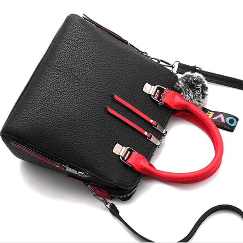 PU Leather Women's Crossbody Bag, Fur Ball Pendant Shoulder Bag, Solid Color Handbag