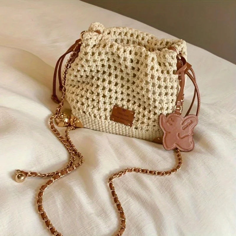 Chic Knit Crossbody Bags for Woman Bucket Bag with Adjustable Strap Weaving Handbag Shoulder Messenger Bag with Polyester Lining