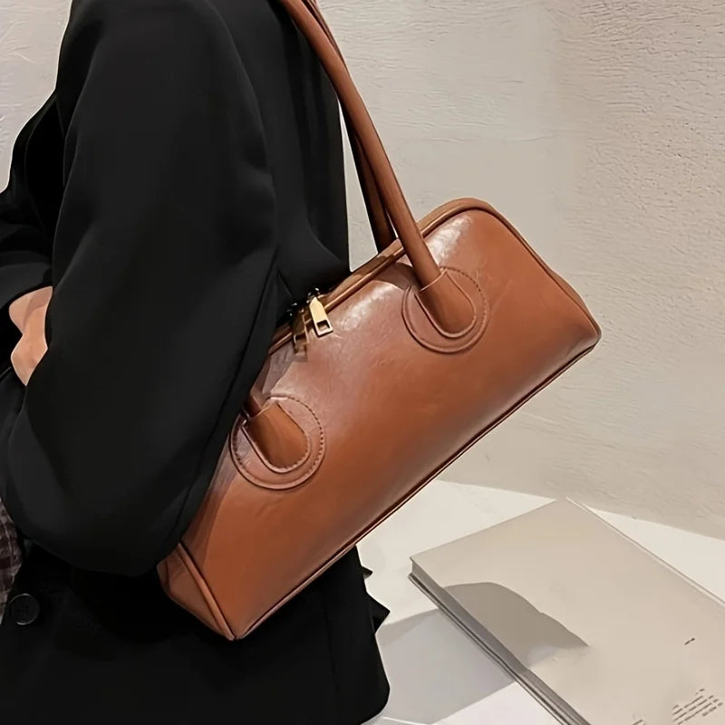 1pc Fashion Faux Leather Shoulder Bag, Elegant Handbag with Stitching Detail, Versatile Top-Handle Purse