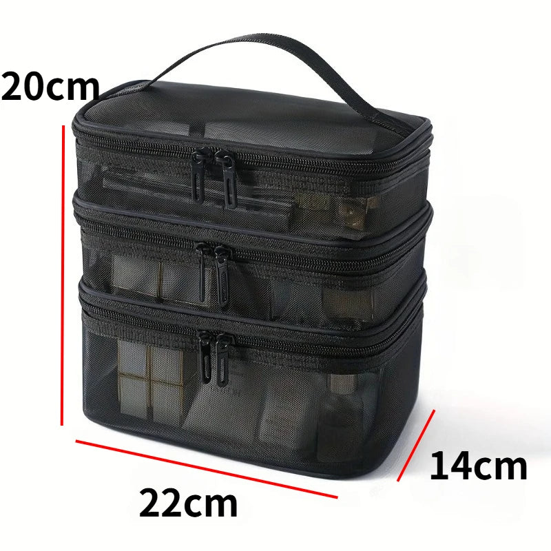 3-Layer Mesh Cosmetic Bags Large Capacity Foldable Travel Organizer Bag for Toiletries Cosmetics Makeup Case Bag