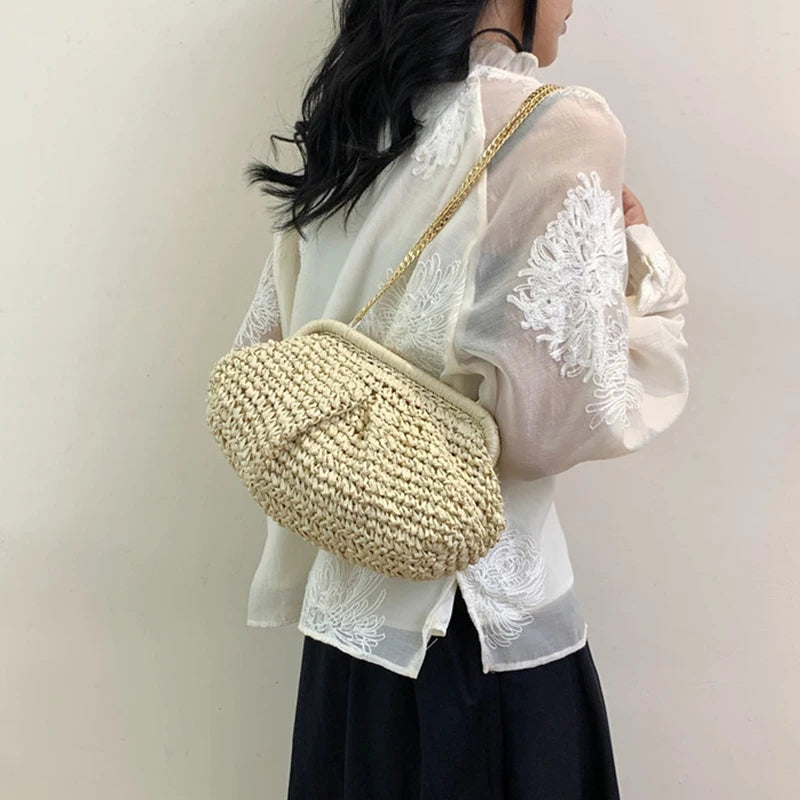 Straw Dumpling Clutch Bag Woven Straw Tote Clutch Purse For Women Summer Beach Bag Wicker Clutch Straw Purses For Women