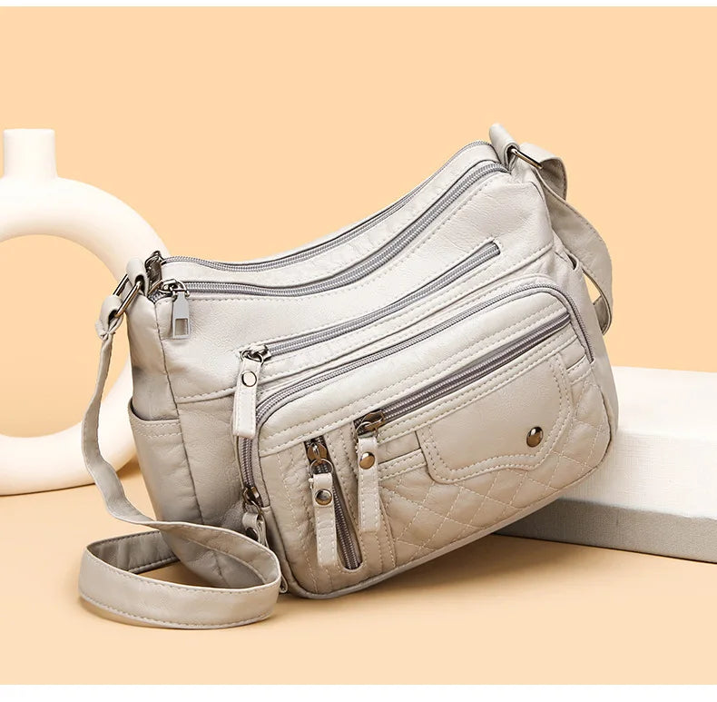Fashionable Four Seasons Soft Leather Multi Pocket Cross Bags, Multi Layer Zipper Pouch Single Shoulder Bag for Women Daily Use