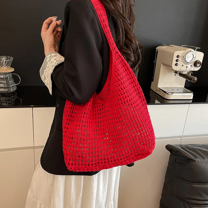 New Sweet Crochet Shoulder Bag Leisure Beach Hollow Out Handbag Women Solid Color Woven Totes Bag For Travel