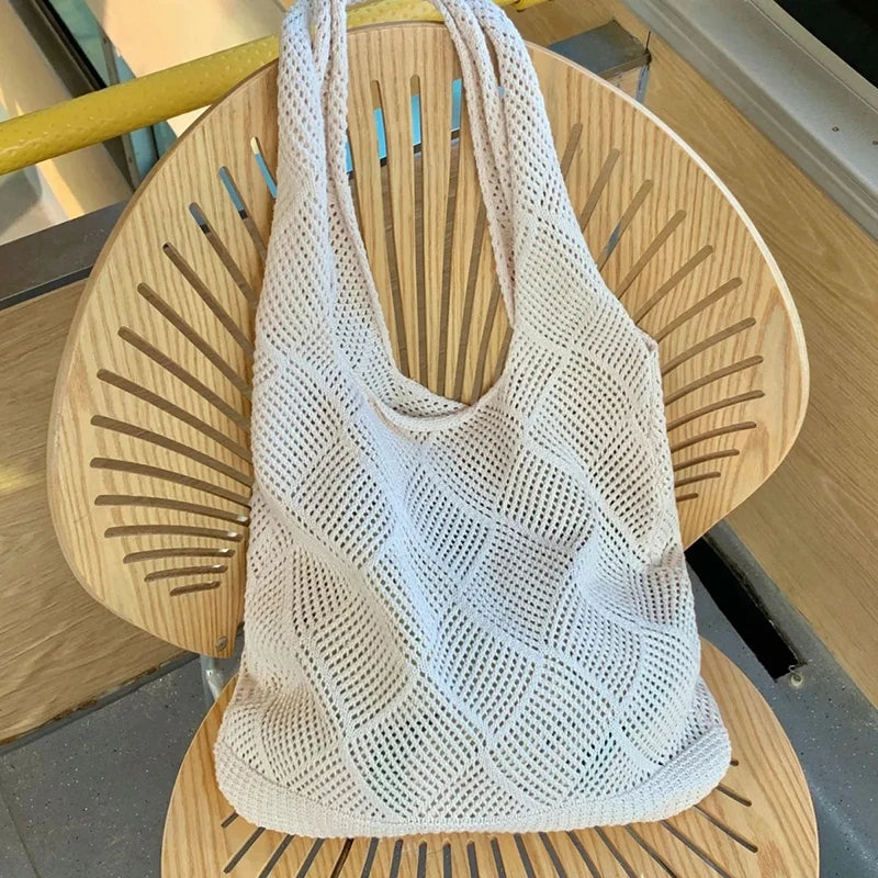 New Trend Women's Bag Crochet Handbag Retro Knitted Solid Color Hollow Top-handle Tote Bag Travel Shopper Shoulder Bag