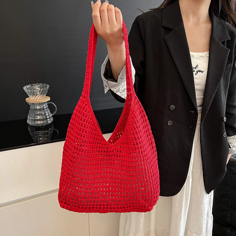 New Sweet Crochet Shoulder Bag Leisure Beach Hollow Out Handbag Women Solid Color Woven Totes Bag For Travel