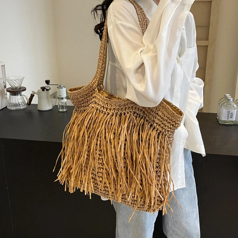 Casual Tassel Woven Women Shoulder Bags Handmade Fringe Lady Handbags Summer Beach Large Tote Bag Shopper Purse for Vacation