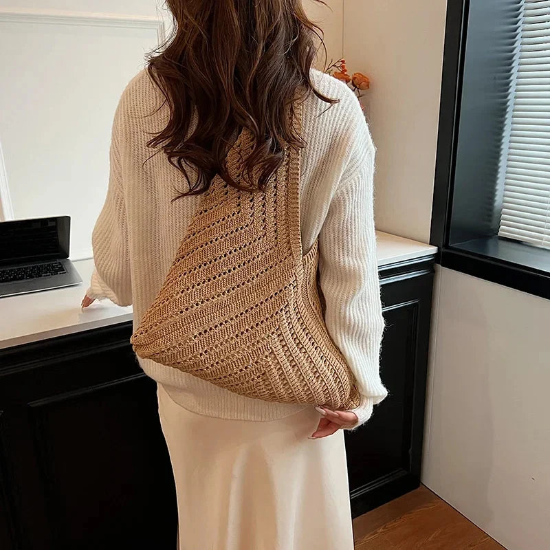 Brand Women Tote Knitting Handbag Triangle Design Woven Beach Bag Lightweight Elegant Portable Shoulder Bag Purse