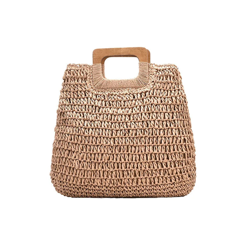 Summer Woven Straw Handbag Female Wooden Handle Bag Large Capacity Travel Beach Bag Fashion Style Totes Hollow out Tote Bolsa