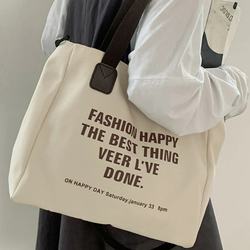 Letter Print Shopping Canvas Bag Large Capacity Casual Lightweight Handbag Women Shoulder Bag, Back To School Campus Schoolbag