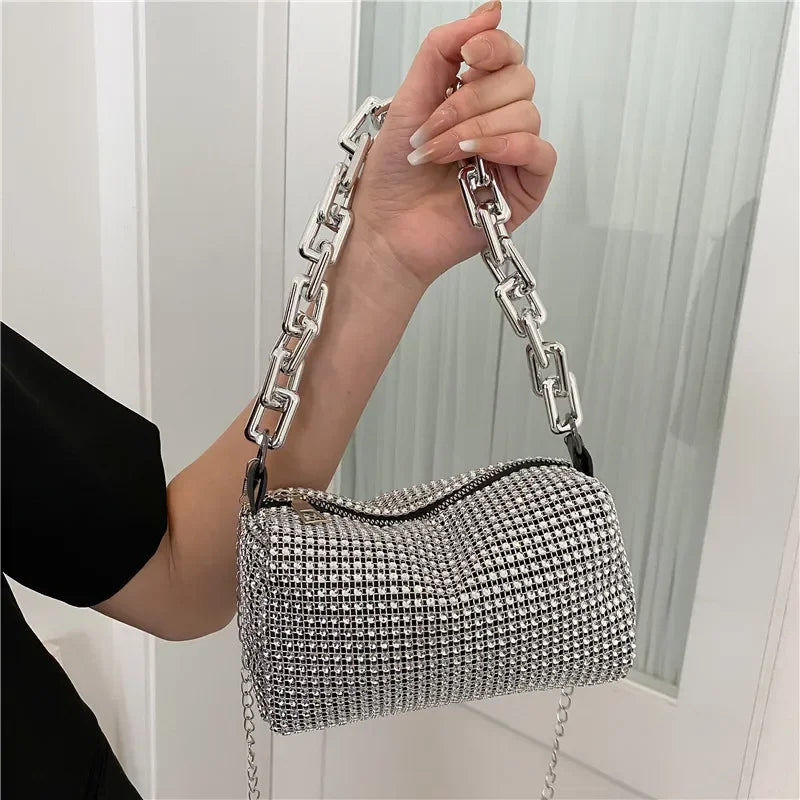 Full Version Rhinestone Bucket Tote Bag, Stylish Sparkling Chain Ball Pillow Shoulder Bag, Women's Mini Hand-Held Crossbody Bag