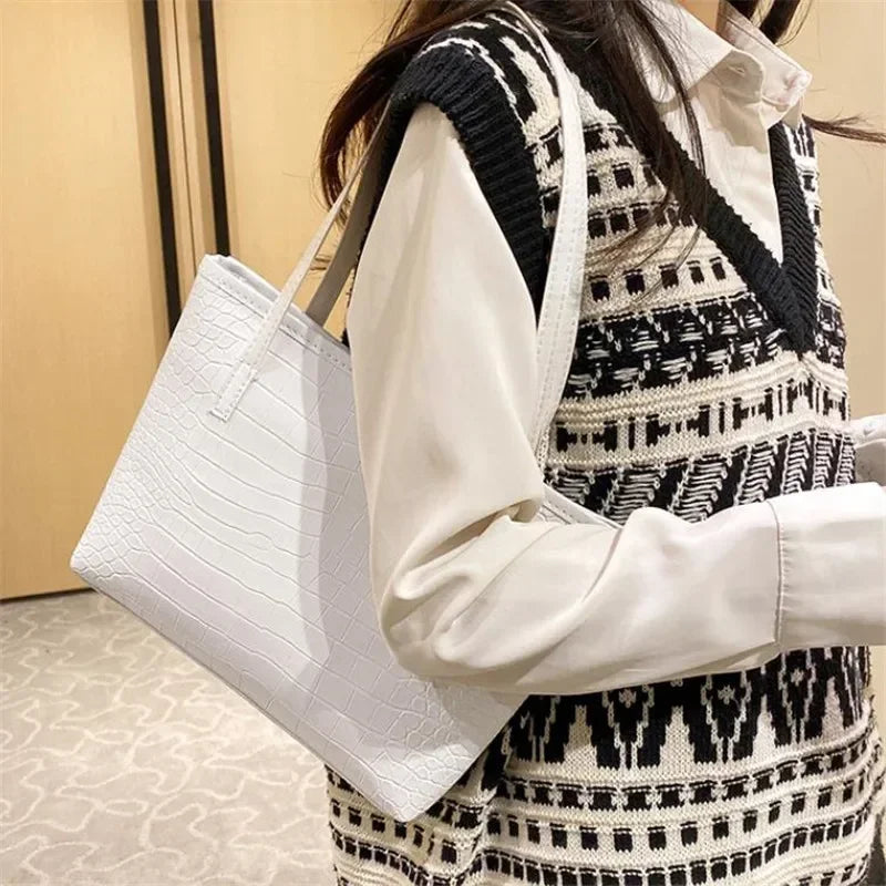 Stylish Crocodile Pattern Pu Underarm Bag Versatile Women Small Tote Bags Fashionable Leopard Handbag Chic Quilted Shoulder Bag