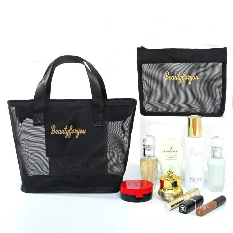 2pcs/set Chic Large Capacity Mesh Wash Bag Portable Travel Cosmetics Storage Bag Outdoor Beach Bath Tote Bag with Clutches Pouch