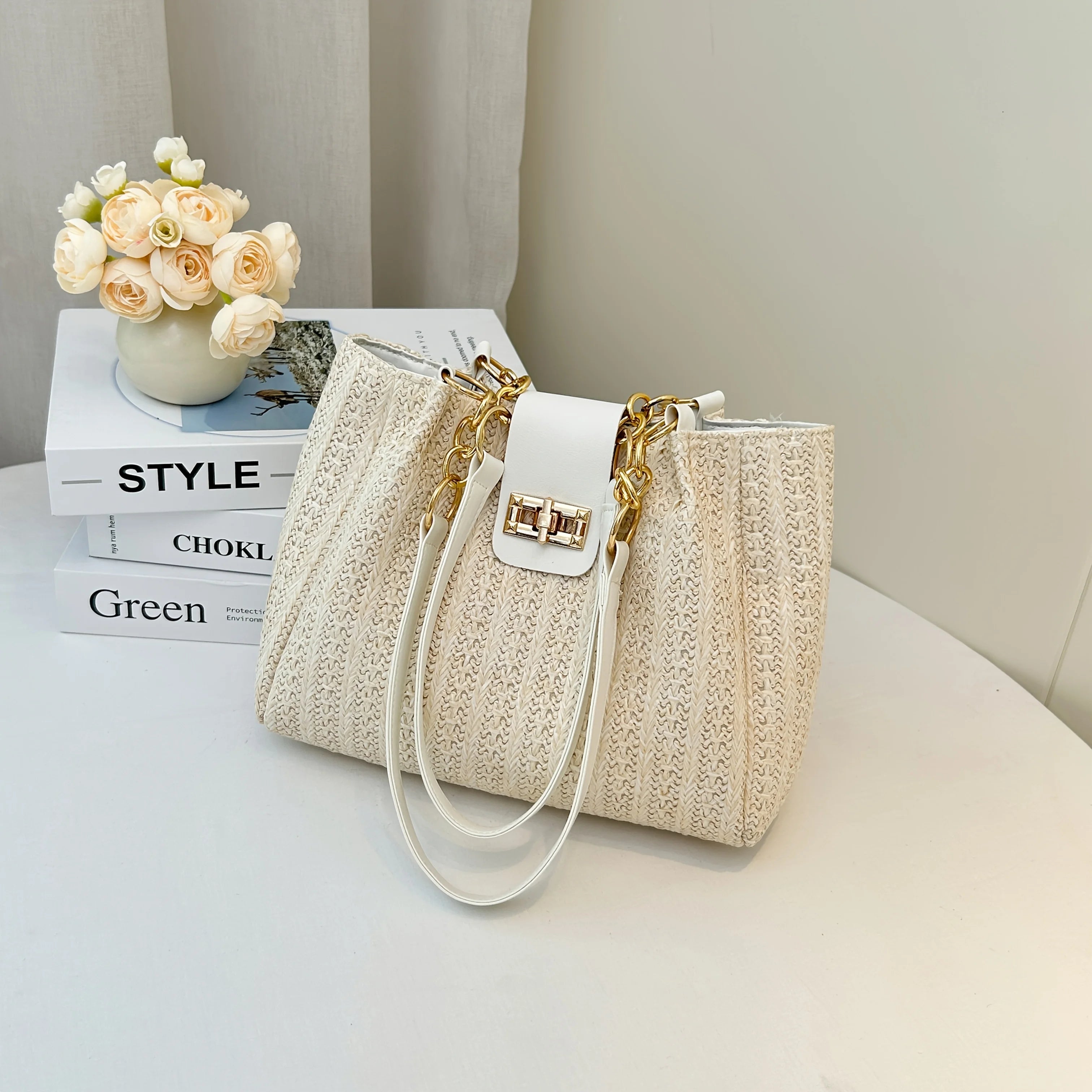 Elegant Women's Woven Fabric Shoulder Bag with Adjustable Chain Strap Front Flap Button Closure Professional Use, Woven Handbag