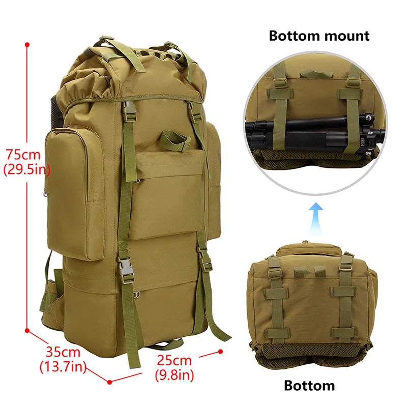 65L Large Capacity Waterproof Outdoor Hking Backpack Tactical Hunting Camping Rucksack Rain Cover Mountaineering Climbing Bags