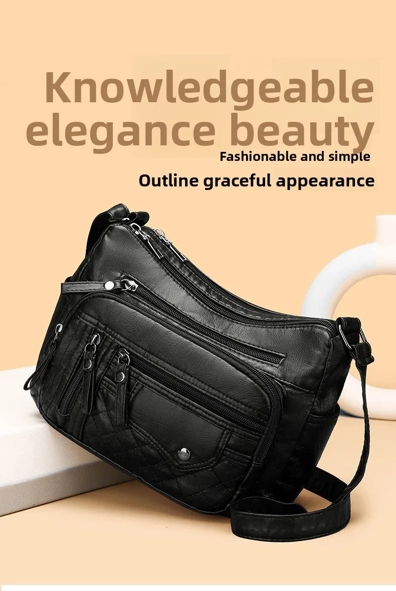 Fashionable Four Seasons Soft Leather Multi Pocket Cross Bags, Multi Layer Zipper Pouch Single Shoulder Bag for Women Daily Use