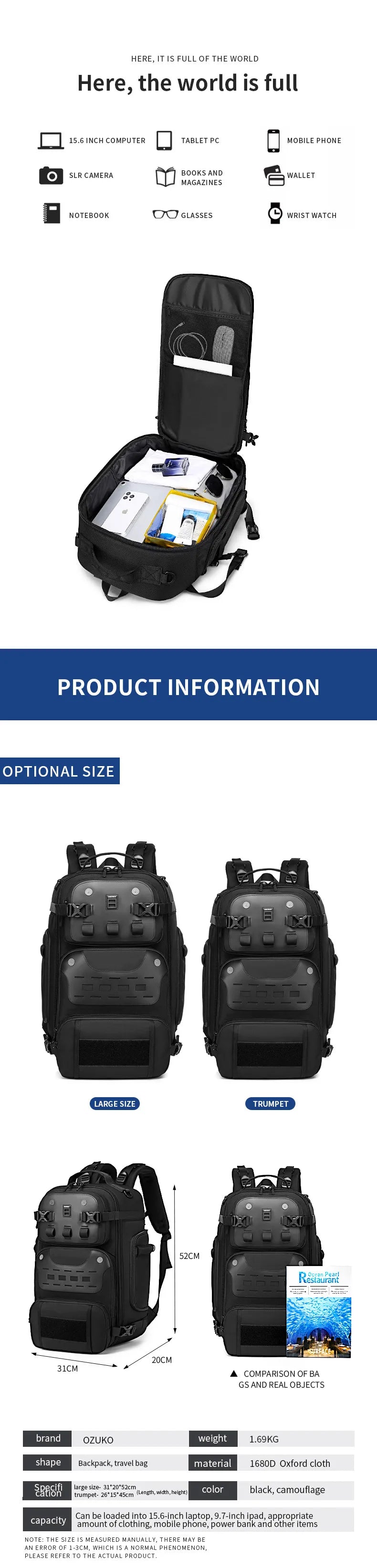 Ozuko Tactical bac Outdoor Travel Pack Male Luggage Multifunctional Backpack Large Waterproof 20 Laptop Women Bag New Mochila