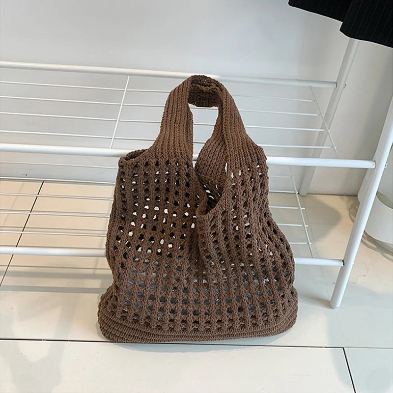 New Trend Women's Bag Crochet Handbag Retro Knitted Solid Color Hollow Top-handle Tote Bag Travel Shopper Shoulder Bag