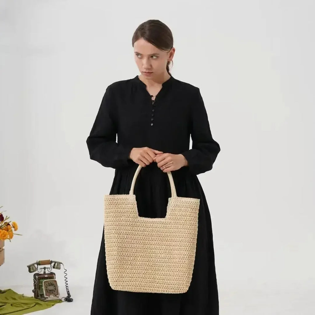 Straw Woven Tote Bag Large Capacity Shoulder Bag Versatile Knit Handbag Storage Bags For Women Stylish Vacation Beach Shopping