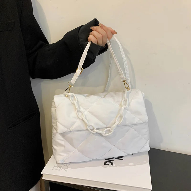 Fashion Chain Crossbody Bags Women Winter Cotton Padded Quilted Shoulder Bags Casual Large Capacity Simple Female Handbags