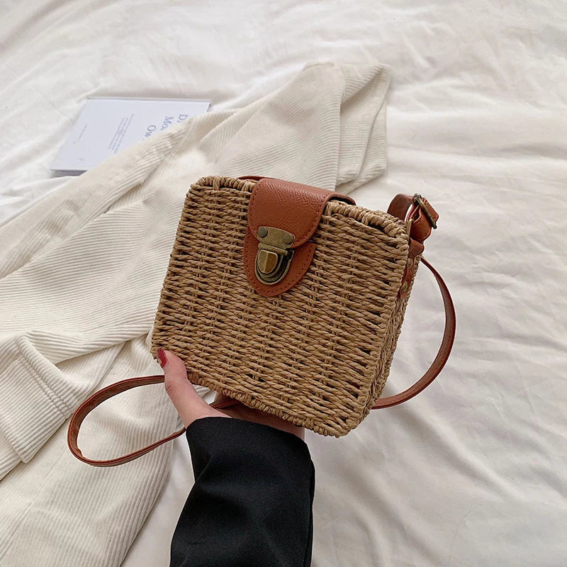 Straw Crossbody Bag For Women Bohemian Small Knitting Summer Purse And Handbag Vacational Square Beach Bags