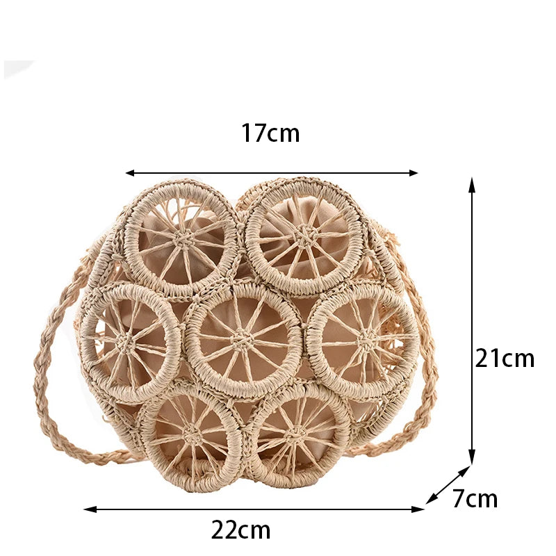 Summer Hollow Round Straw Bag For Women Casual Woven Handmade Crossbody Bag New Trendy Rattan Beach Bags Designer Circle Handbag