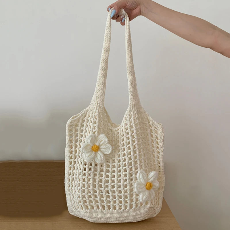 Women's Large Capacity Solid Color Crochet Tote Bag Knitted Hollow Design Fashionable Beach Shopping Bag for Travel And Vacation