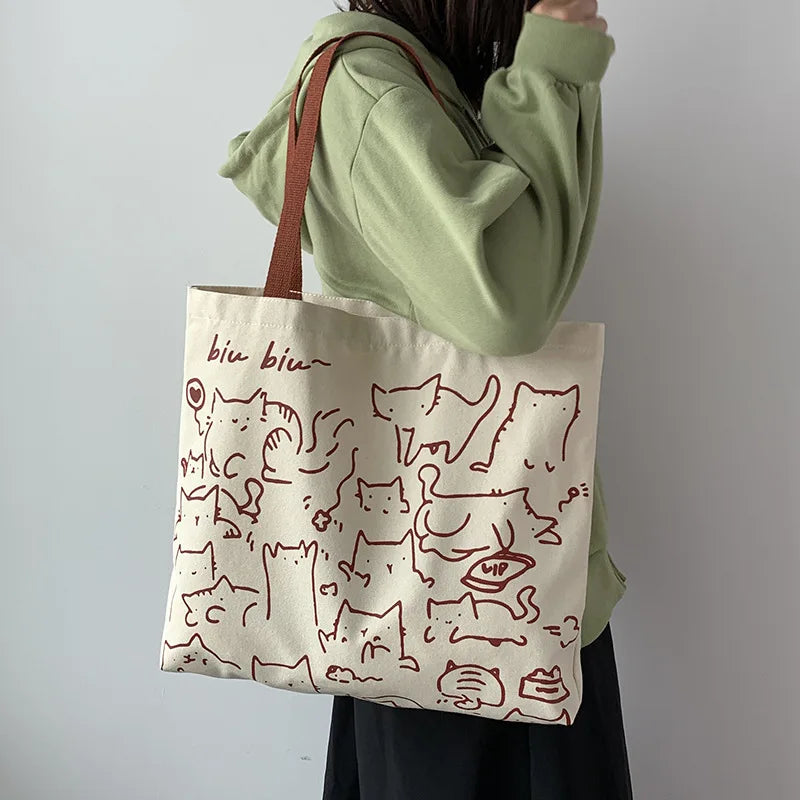 Art Design Cute Animals Printed Handbag Shoulder Bag, Literary Retro Canvas Tote Bags for Women Daily Use Work, Shopping School